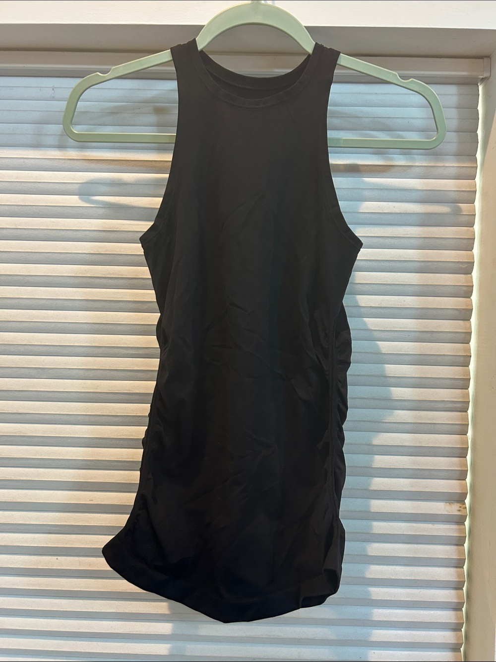 NUX Groove Tank Top Womens S Black High Neck Ruched Side Racerback USA Made